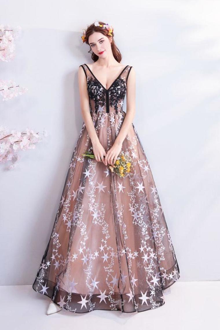 Charming Floor Length Sleeveless Prom Dress With Stars, A Line Appliques Evening