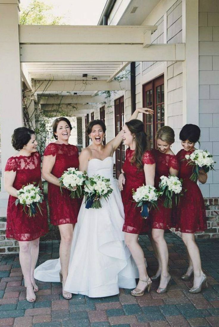 A Line Burgundy Lace Cap Sleeve Bridesmaid Dresses, Knee Length Short Wedding Party Dresses STC14995