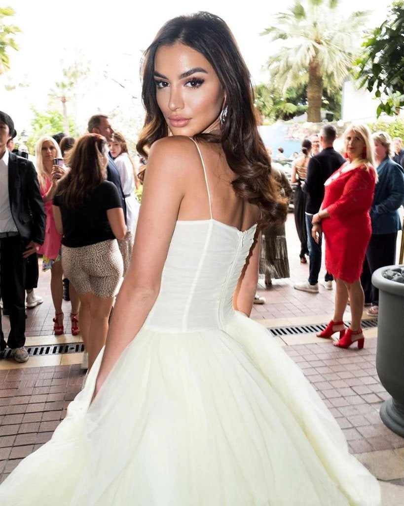 Princess A Line Spaghetti Straps Daffodil Layers Tulle Prom Dresses, Sweetheart Prom Gowns STC15284