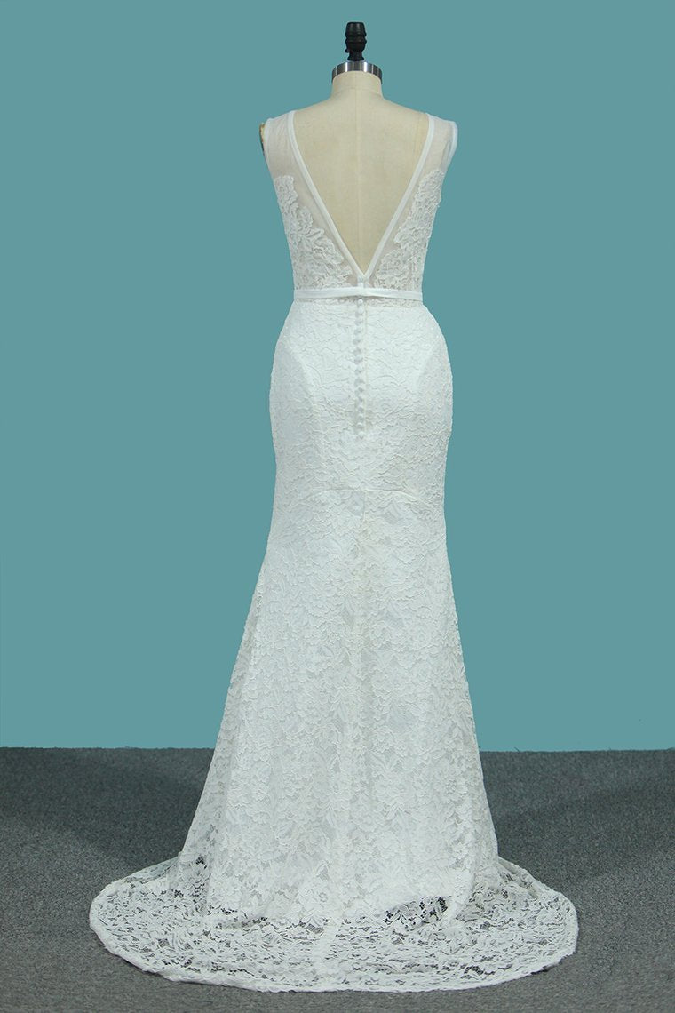 2024 Lace V Neck Wedding Dresses Mermaid With Sash Court