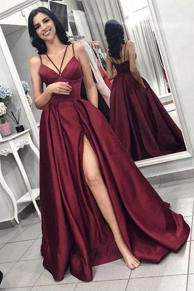 2024 Slit A-Line Prom Dresses Sexy Spaghetti Straps
