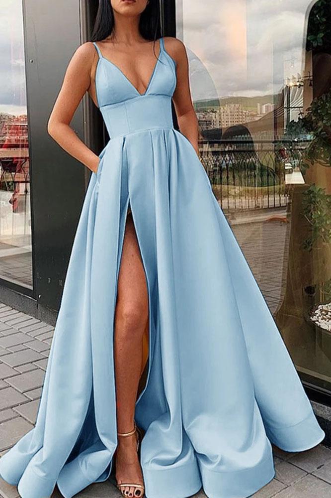 Simple A Line Yellow Spaghetti Straps Satin Prom Dresses with Slit, Party Dresss STC15386