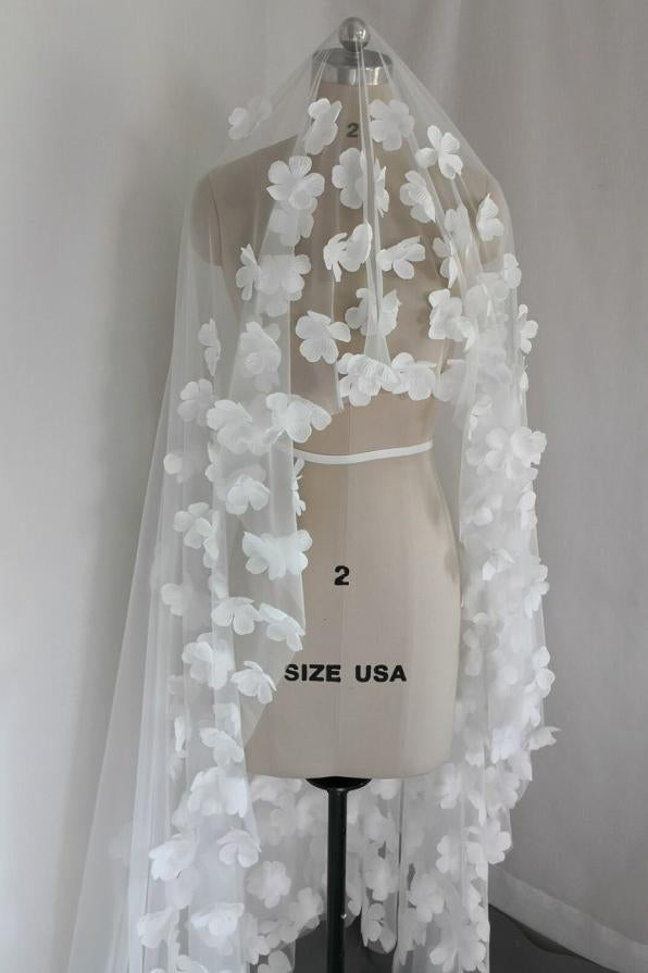 Long Tulle Ivory Wedding Veils with Hand Made Flowers, Wedding Veils STC15583