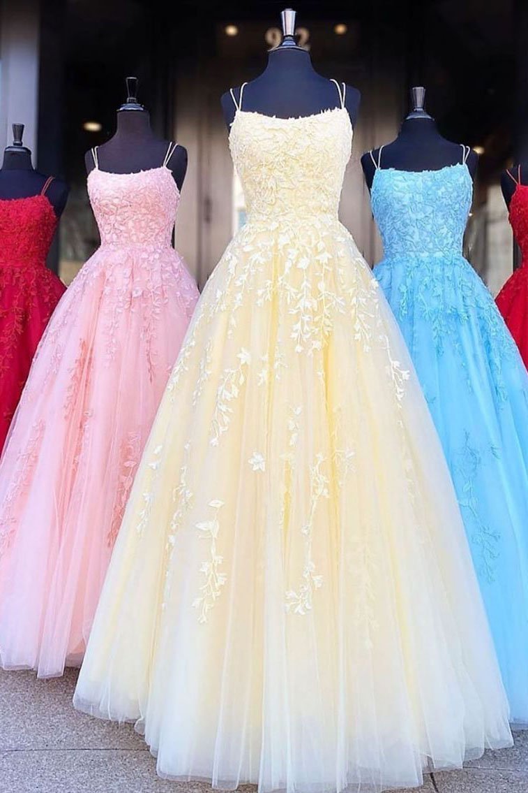 A Line Tulle Yellow Spaghetti Straps Prom Dresses with Appliques, Party STC20385