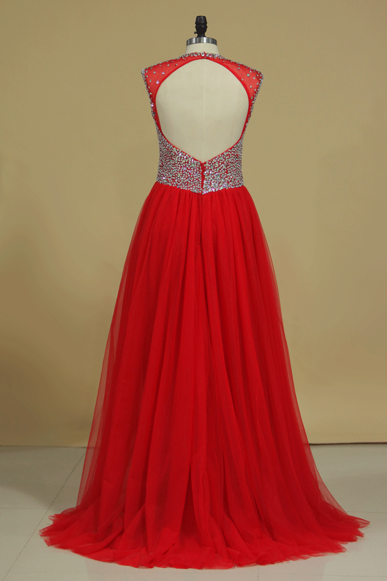 V Neck Beaded Bodice Tulle Prom Dresses A Line Sweep