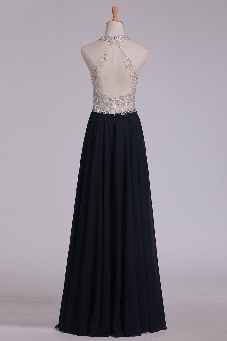 Chiffon Prom Dresses Floor Length Halter A Line With Beads Open Back
