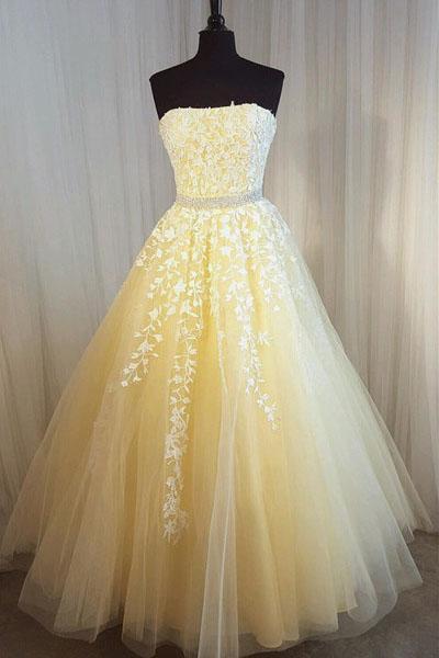 A Line Yellow Strapless Tulle Lace Appliques Prom Dresses, Party STC15617