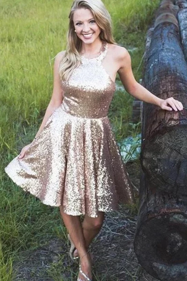 Halter Sequin A Line Backless Short Homecoming