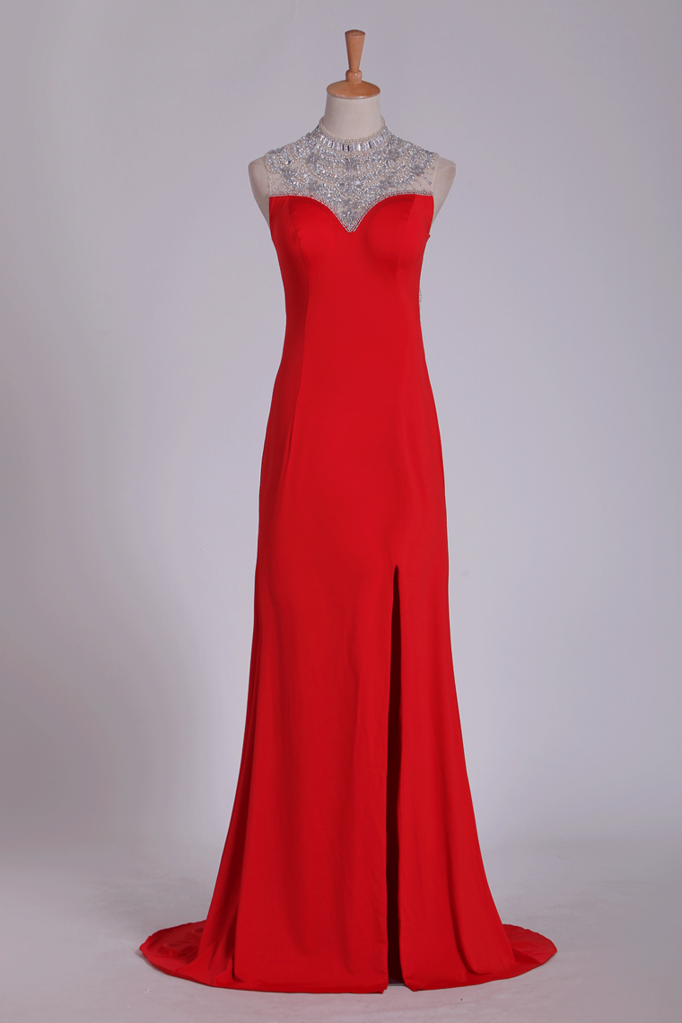 Red High Neck Prom Dresses Sheath/Colum With Beading Sweep