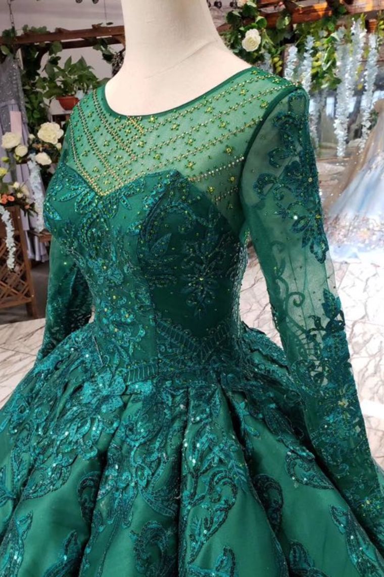Round Neck Long Sleeves Lace Up Back Ball Gown with Sequins