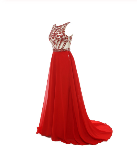 Gorgeous Red High Neck Sleeveless A-Line Beaded Bodice Chiffon Long Prom Dresses