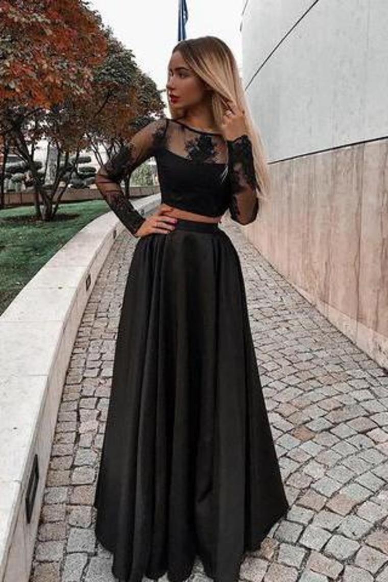 2024 Long Sleeves Scoop Prom Dresses A Line Satin With Applique Two