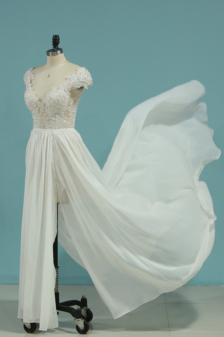 2024 Beach Wedding Dresses A-Line V-Neck Chiffon Full Beaded