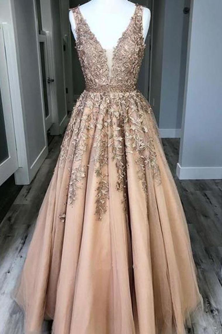 2024 Prom Dress Tulle A-Line V-Neck Sweep Train With