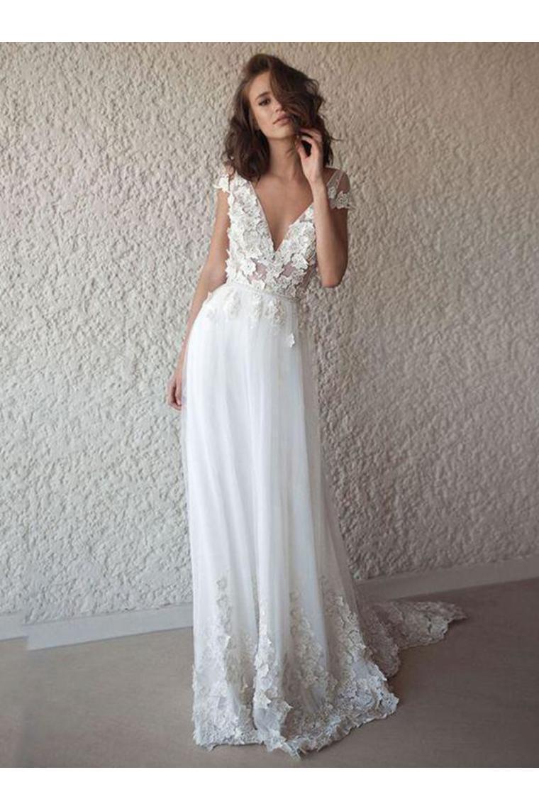 A-Line V-Neck Cap Sleeves Tulle Beach Wedding Dresses With