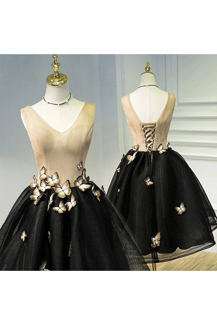 A Line Black V Neck Homecoming Dresses Sleeveless With