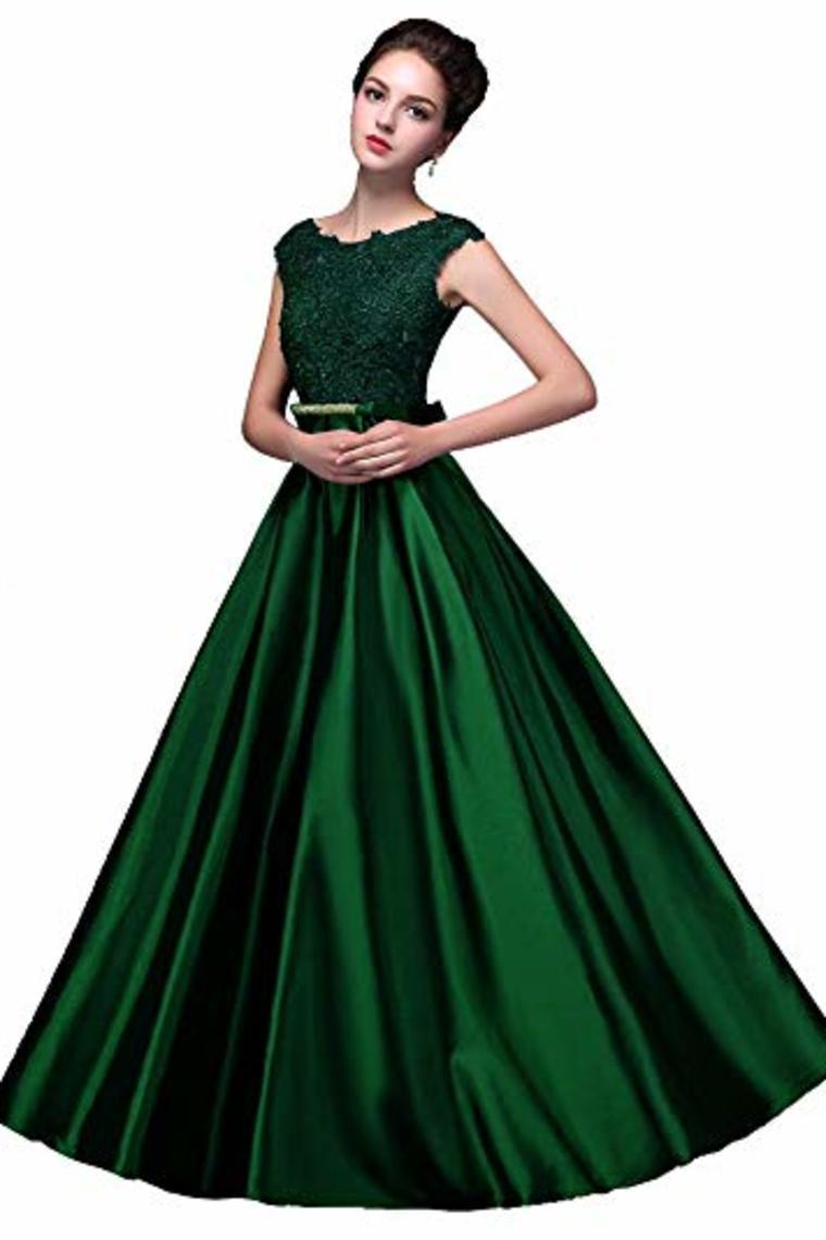 Elegant A-Line Applique Round Neck Lace Satin Ball Gown Evening Prom