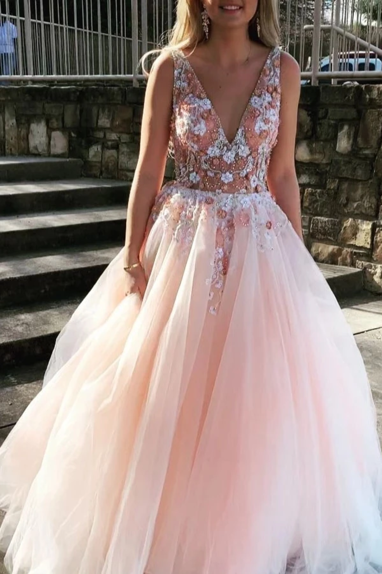 V Neck Sleeveless Tulle Prom Dress With Flowers And