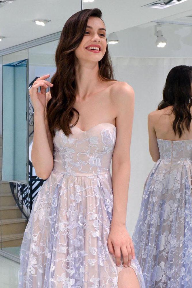 Charming Sweetheart Strapless Lace Appliques Lilac Prom Dresses with STC20404