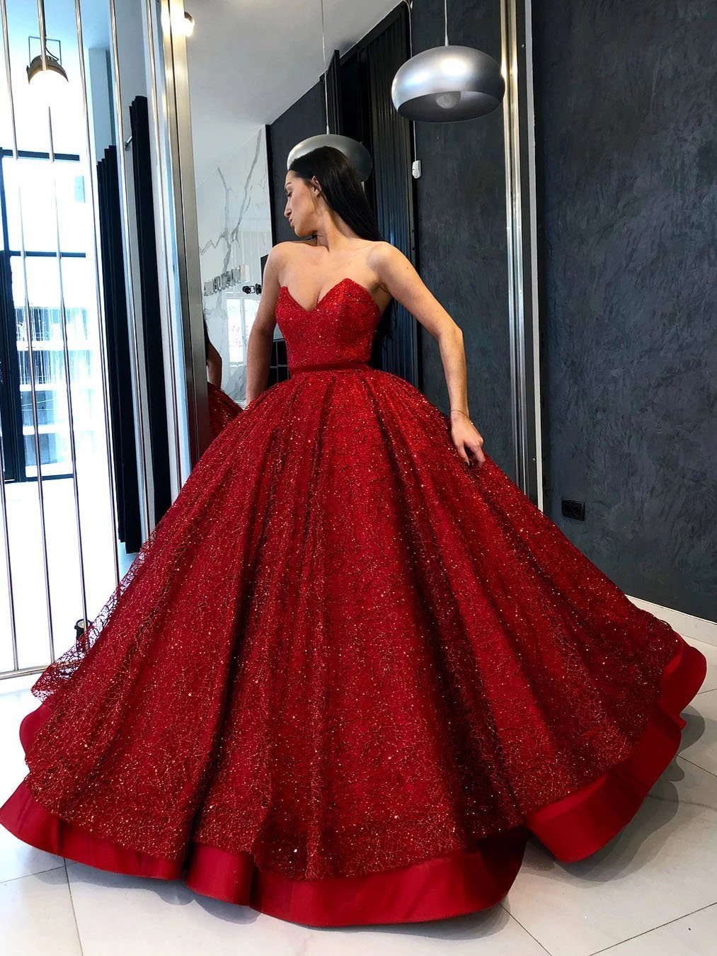 Sparkly Ball Gown Burgundy Strapless Sweetheart Prom Dresses, Long Quinceanera Dresses STC15428