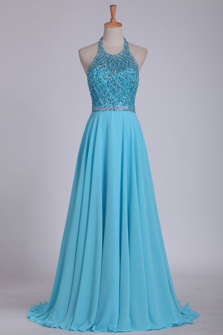 Sexy Open Back Halter Chiffon & Tulle With Beading A Line Prom
