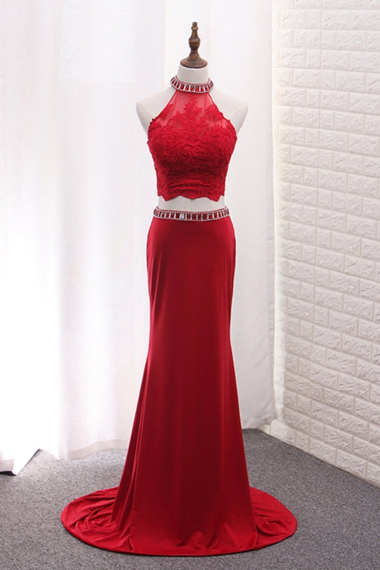 High Neck Spandex Two Pieces Prom Dresses With Applique And Beads Sweep