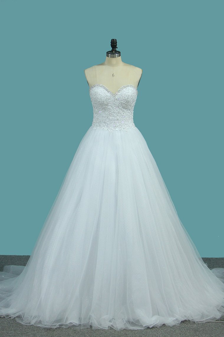 2024 Sweetheart A Line Tulle Wedding Dresses Beaded