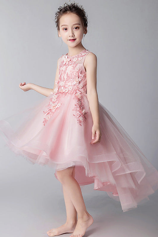 Elegant Round Neck High Low Sleeveless Tulle With Appliques Flower Girl Dresses