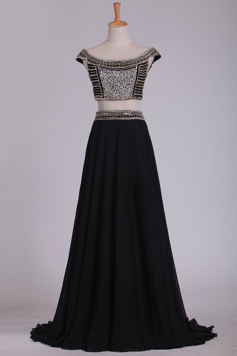 Off The Shoulder Two-Piece A Line Prom Dresses Chiffon With Beading Floor Length