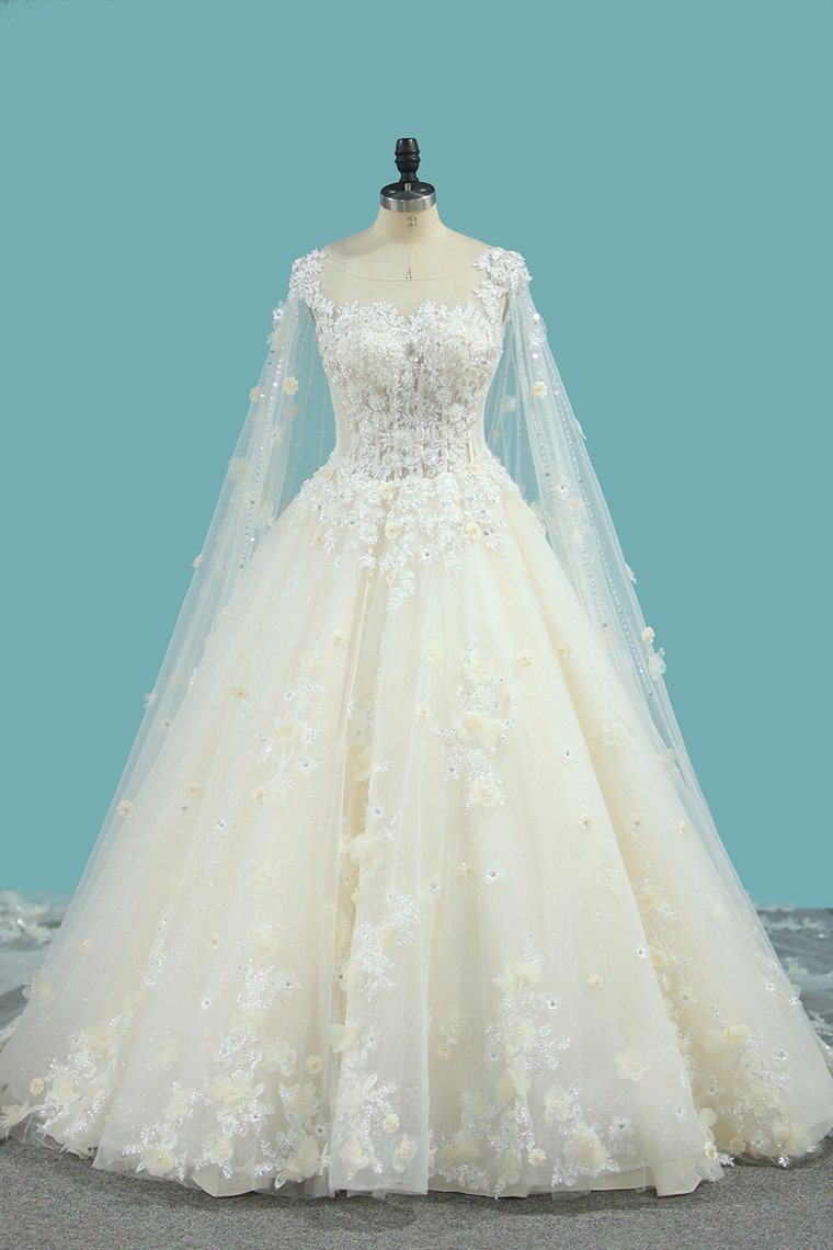 2024 Tulle A Line Scoop Wedding Dresses With Beading Chapel Train