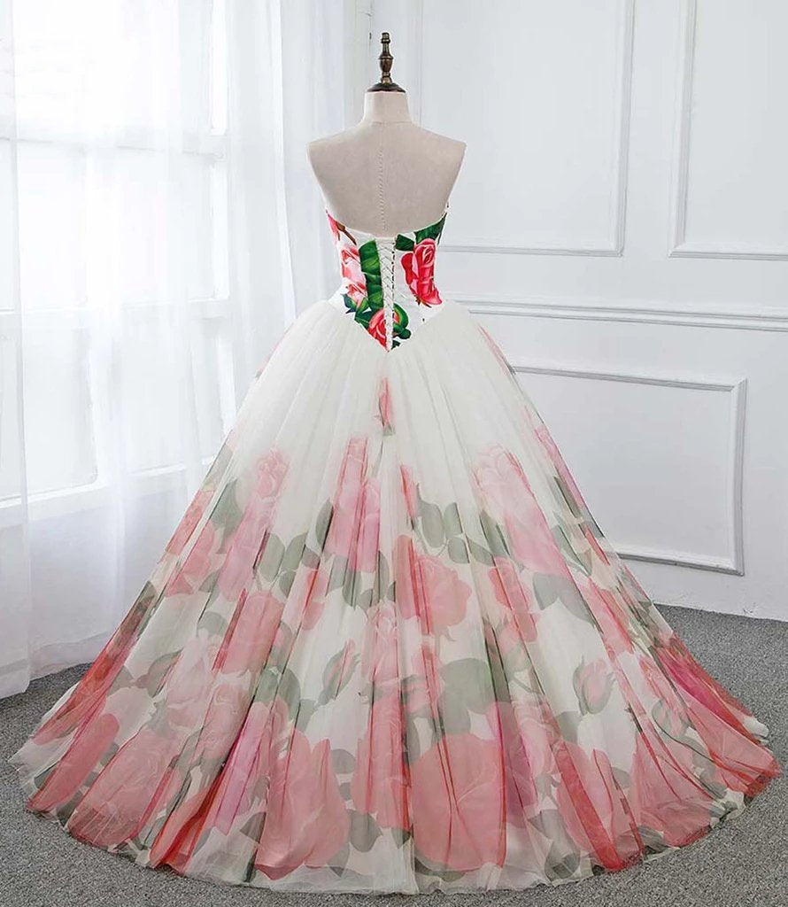 Ball Gown Floral Satin Long Tulle Evening Dresses with Lace up, Sweetheart Red Prom Dresses STC15057