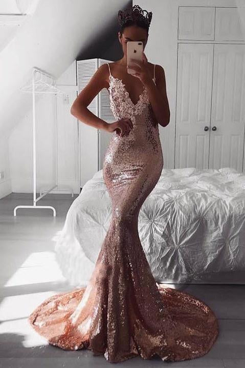 Sexy Rose Gold Sequins Mermaid Long Prom Dresses Spaghetti Straps Backless Party Dresses STC15349