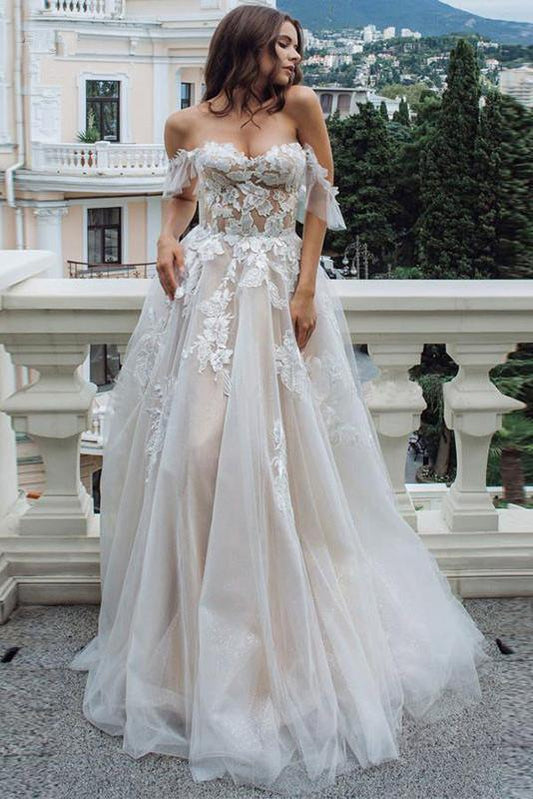 Princess A Line Off the Shoulder Sweetheart Beach Wedding Dresses with Appliques STC15585