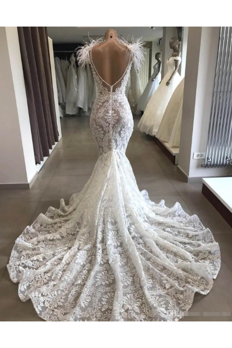 Luxury Lace Mermaid Wedding Dress With Train Sexy Open Back Pearls Wedding STCPE5AS8YA