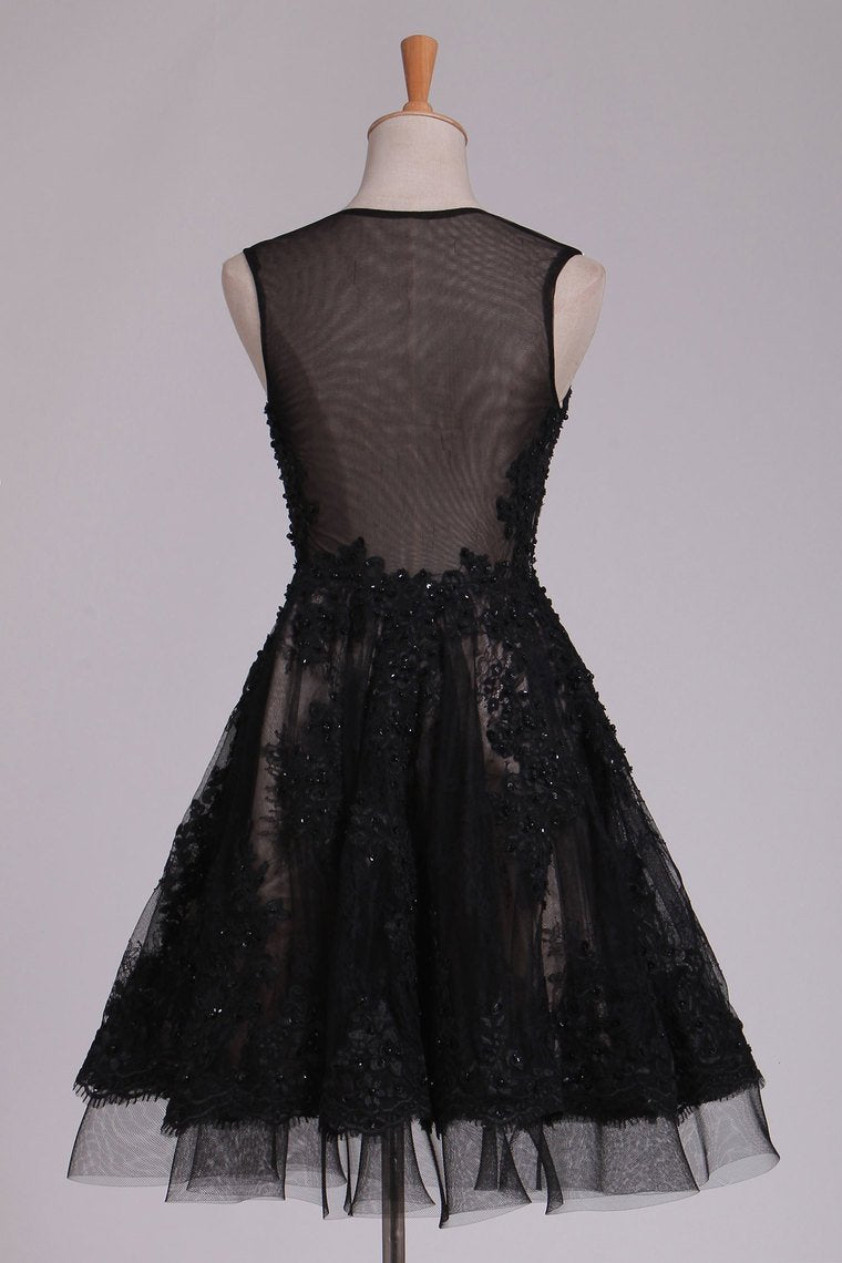 Homecoming Dresses A Line Scoop Black Lace With Beads & Applique