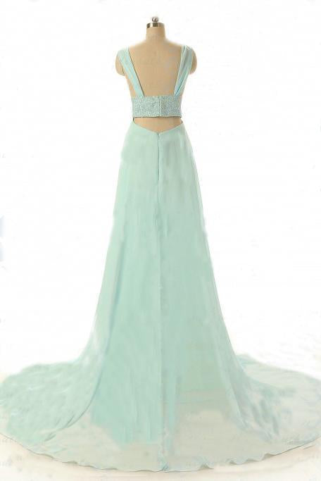 Hot Sale A-line V-Neck Beads Sleeveless Chapel Train Empire Green Chiffon Prom Dresses