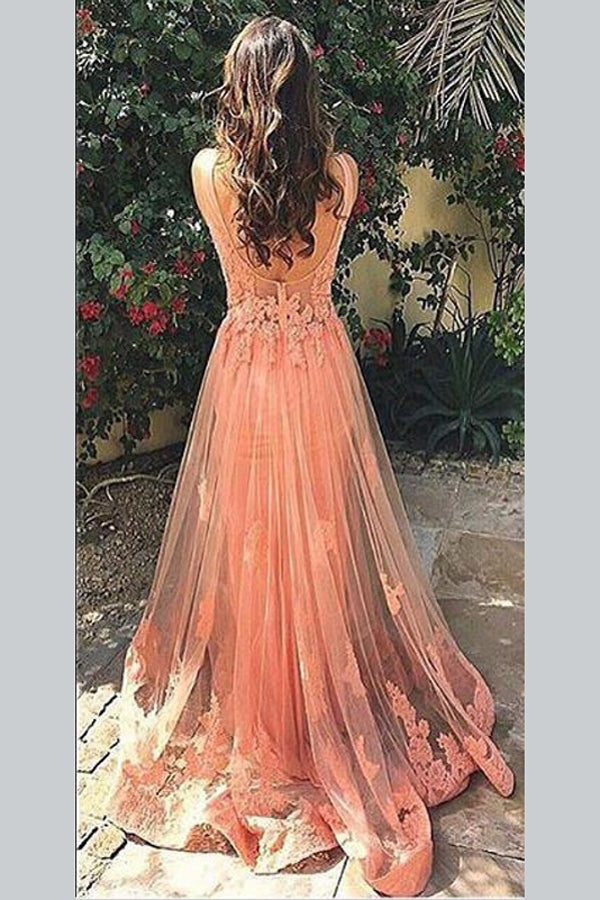 Peach A Line Sweep Train Sheer Neck Sleeveless Backless Appliques Prom Dresses