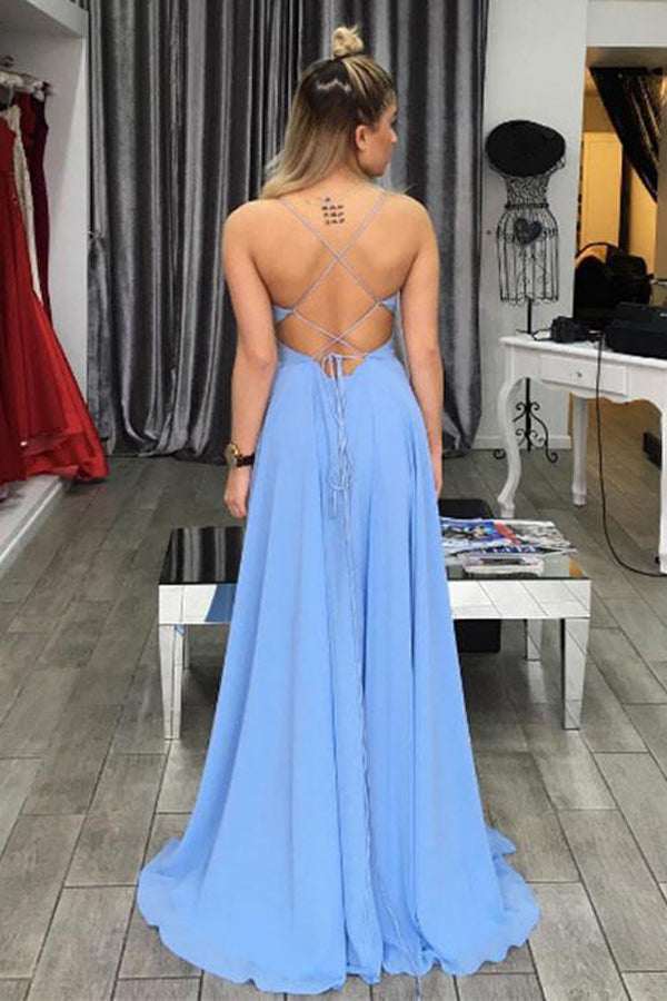 Blue A Line Floor Length Spaghetti Sleeveless Backless Side Slit Long Prom Dresses