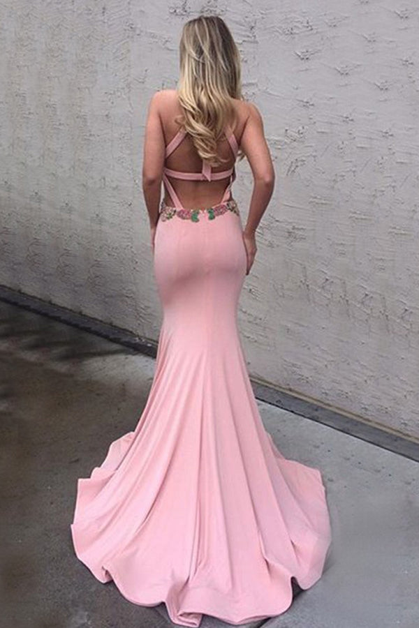 Pink Trumpet Sweep Train Halter Sleeveless Open Back Appliques Prom Dresses