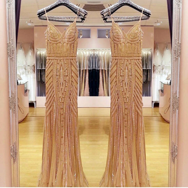 Luxurious Sheath Long Sweep Train Spaghetti Straps Sleeveless Prom Dresses