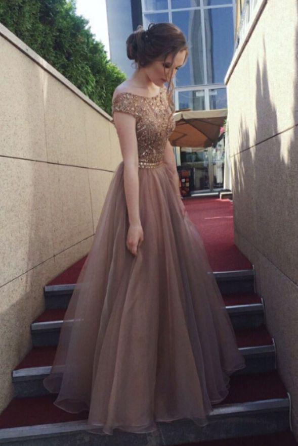 Gorgeous A-Line Backless Cap Sleeves Scoop Tulle Brown Long Prom Dresses