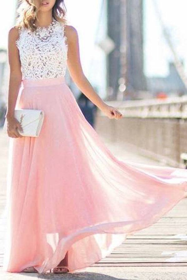 A Line Floor Length Sleevelss Appliques Pink Princess Prom Dresses
