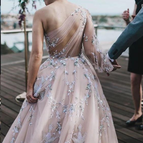 Long Sleeve One Shoulder Sparkly Prom Dress Long Evening Dress, Long Prom Dresses STC15245
