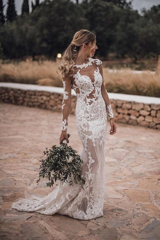 Mermaid Lace Appliques Long Sleeve See-Though Tulle Wedding Dresses Beach Wedding STCPBSR61G8