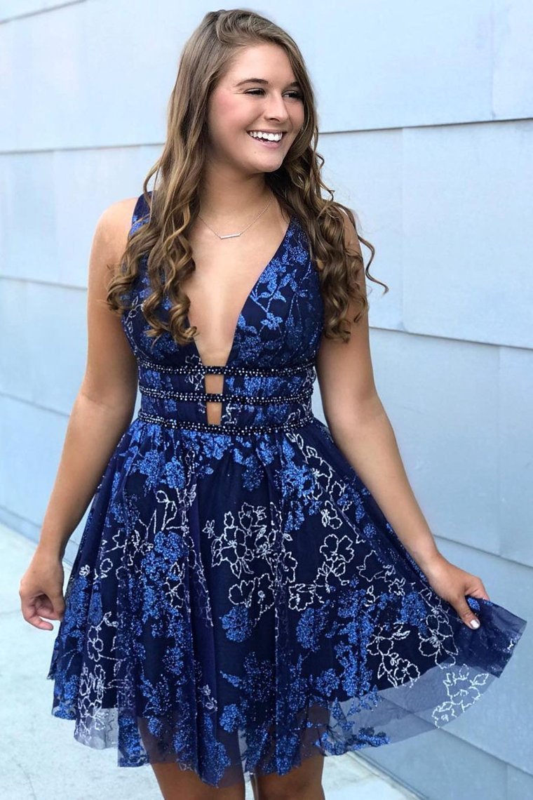 Plunging Neck Embroidery Homecoming Dress