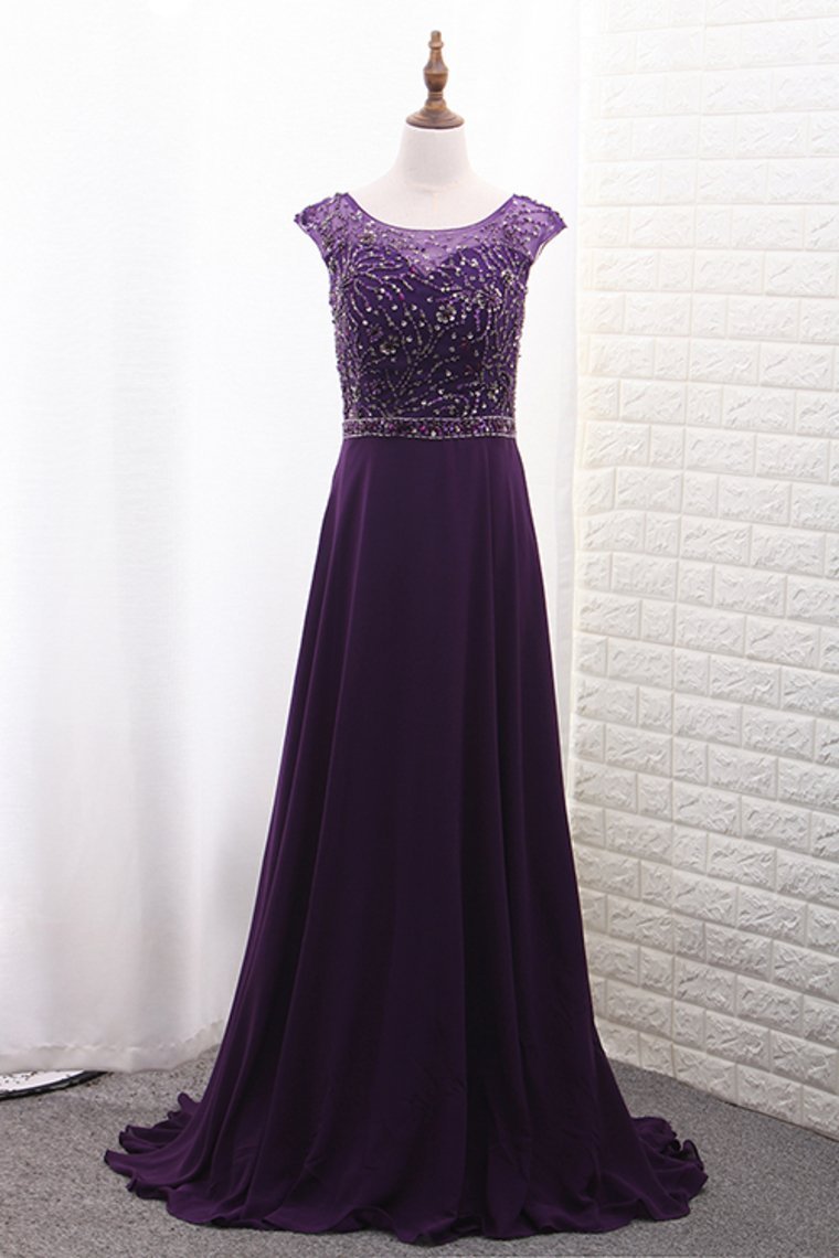 A Line Scoop Chiffon Mother Of The Bride Dresses With Beads Bodice Sweep