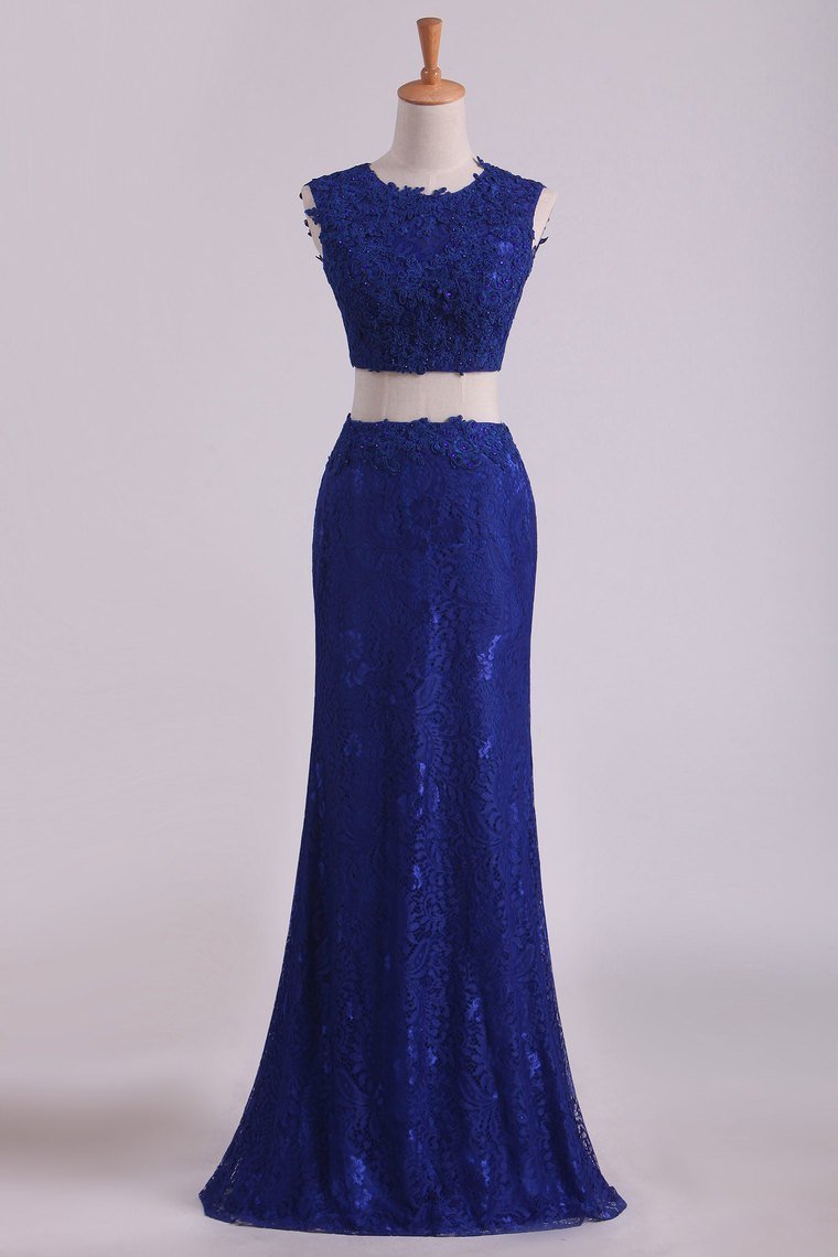 Sheath Open Back Two Pieces Prom Dresses Lace With Applique & Beading Dark Royal