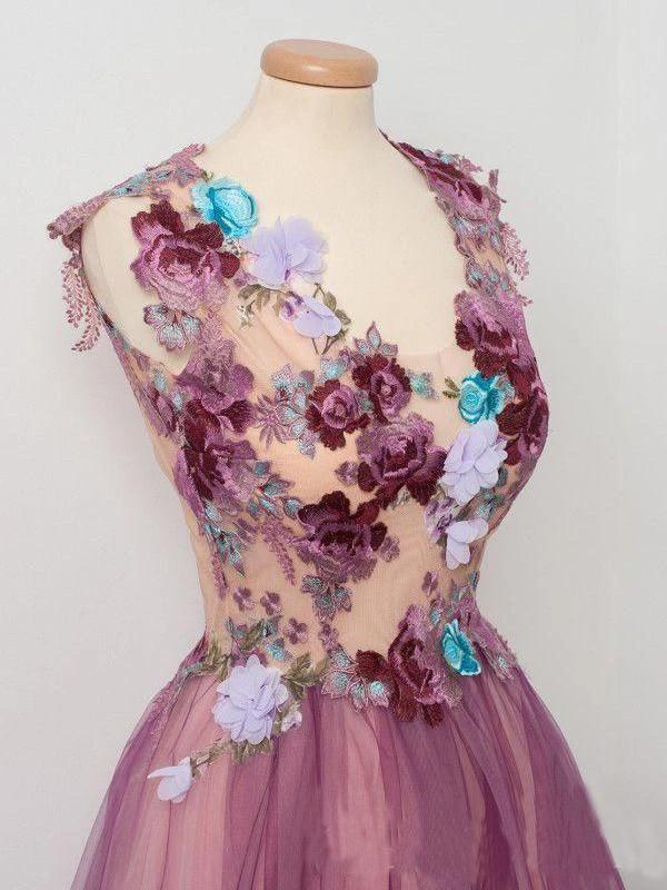 Elegant A line Burgundy Tulle Flower Prom Dresses Scoop Appliqued Party Dresses STC15144