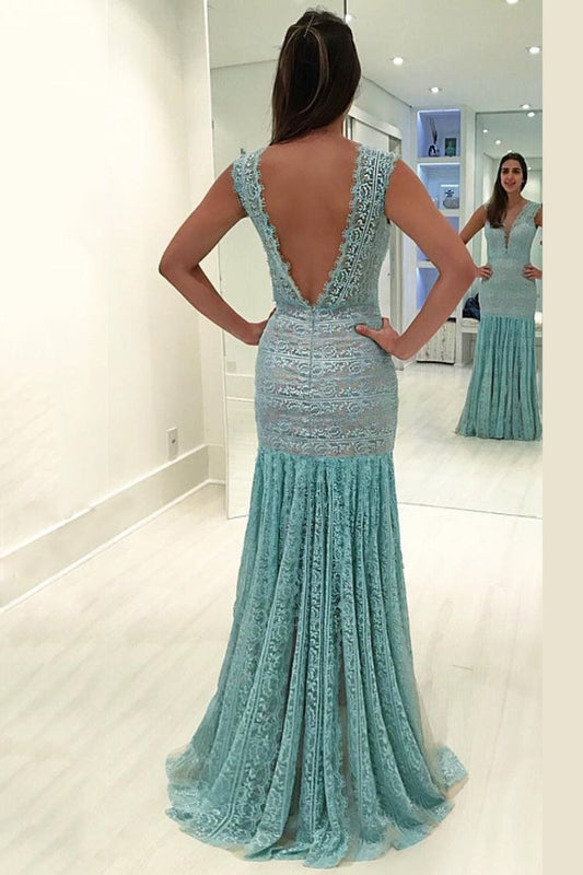 2024 New Arrival V Neck Lace Mermaid Prom Dresses Sweep