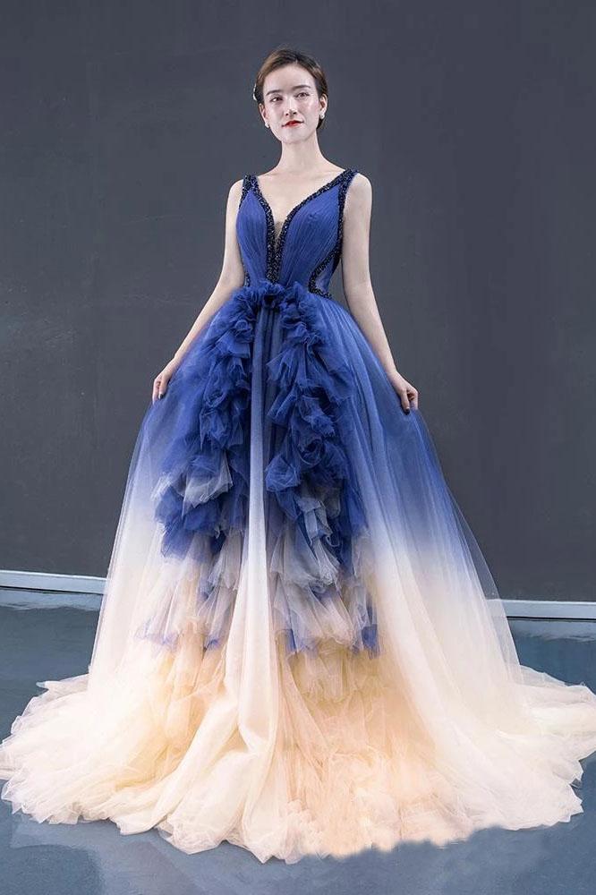 Ball Gown Ombre V Neck Tulle Royal Blue Long Prom Dresses, Quinceanera Dresses STC15067